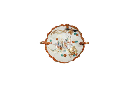 Japanese Kutani porcelain dish with handles, top view of figural and phoenix gilt decoration