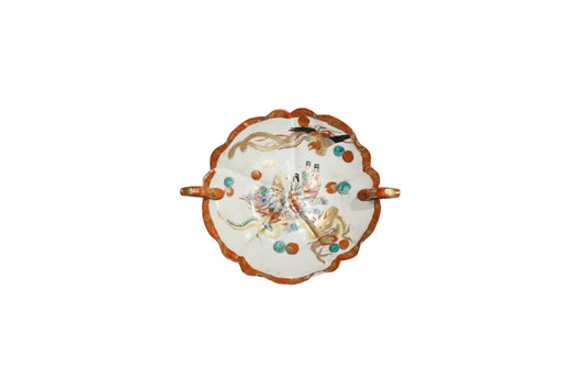 Japanese Kutani porcelain dish with handles, top view of figural and phoenix gilt decoration