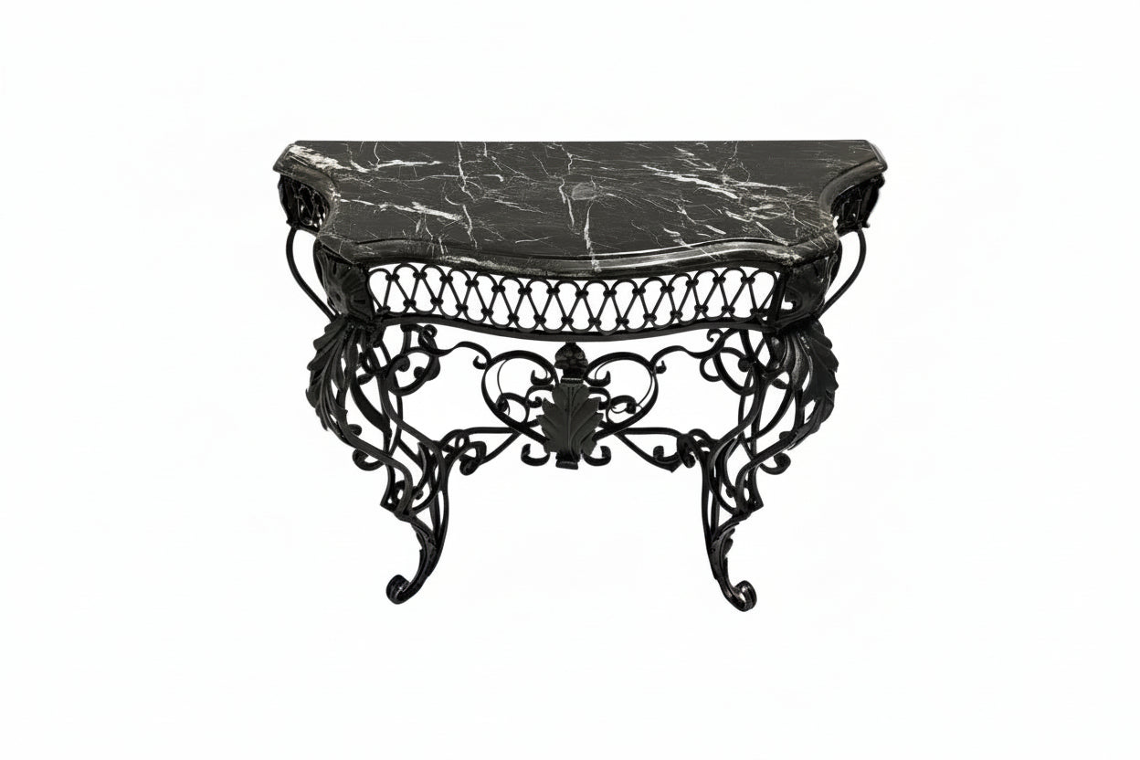 Vintage Wrought Iron Console or Entry Table With Black Marble Top image