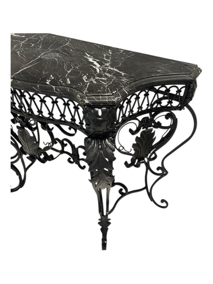 Vintage Wrought Iron Console or Entry Table With Black Marble Top image