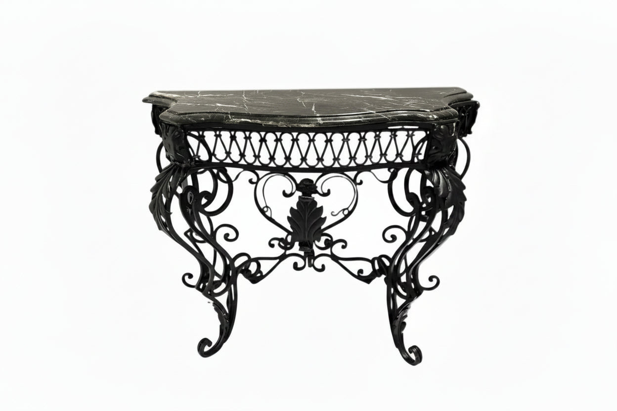Vintage Wrought Iron Console or Entry Table With Black Marble Top image