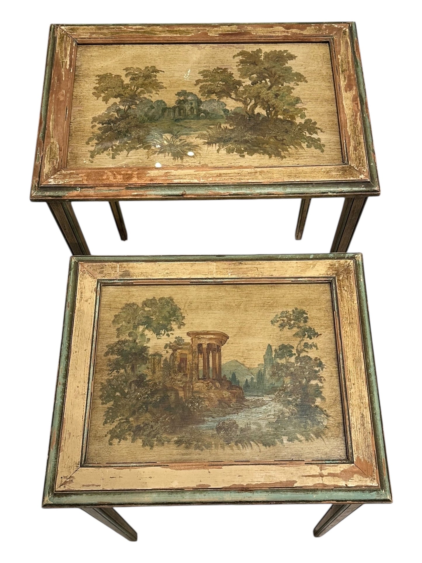 Top view of both nesting tables showing hand-painted pastoral scenes and distressed frames.