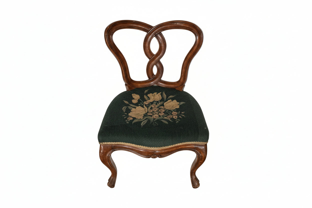 Vintage Italian pretzel-back boudoir chair with green floral needlepoint seat, front view