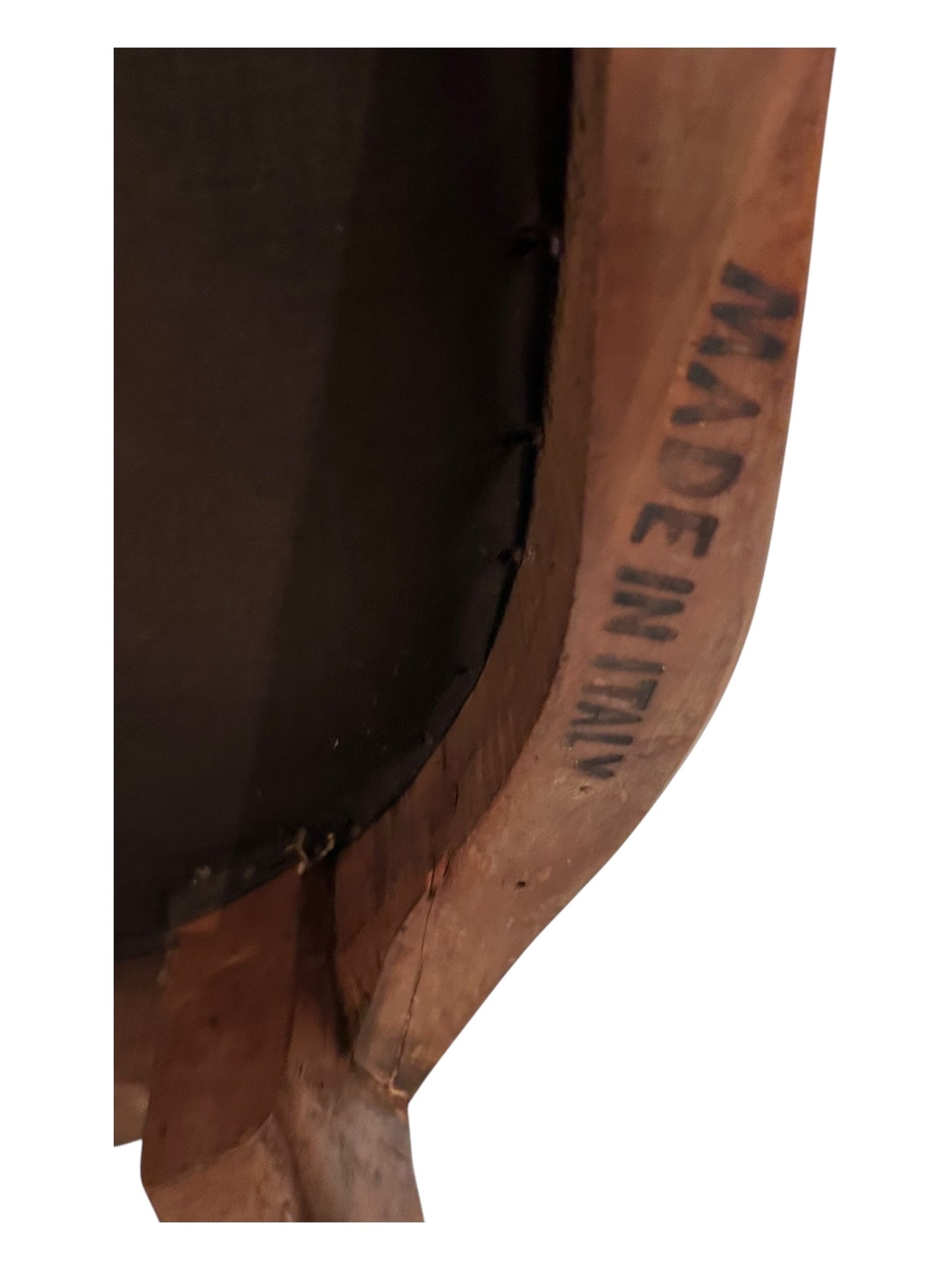 Maker's mark "Made in Italy" on the curved underside rail of the boudoir chair