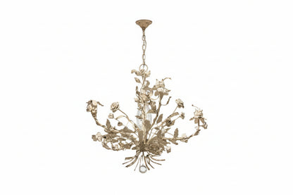 Vintage wrought iron floral chandelier in worn cream finish, full view with chain