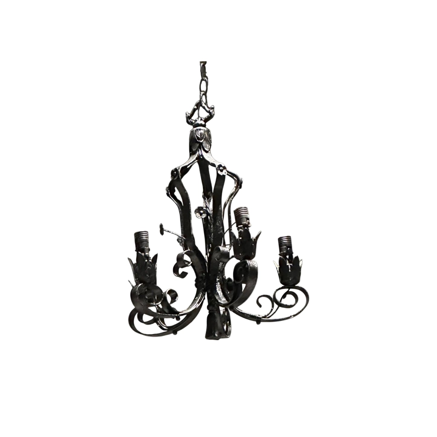 Vintage wrought iron petite chandelier painted black with scrollwork arms, full view