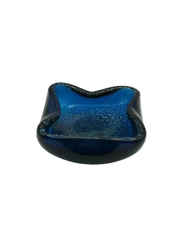 Blue Murano bullicante dish, front view showing bubbled glass and dark navy rim.