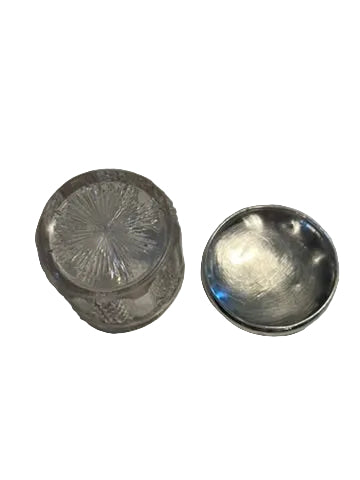 Vintage cut glass and sterling silver vanity jar, open body beside the silver lid showing its interior.