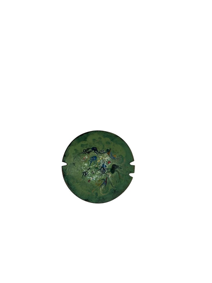 Vintage MCM enamel-over-copper ashtray, smaller top view of green multicolor enamel surface