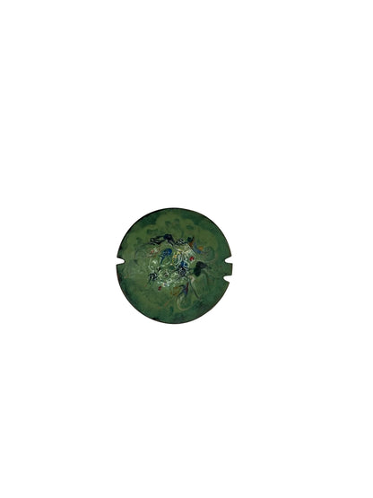 Vintage MCM enamel-over-copper ashtray, top view of mottled green enamel with colored flecks
