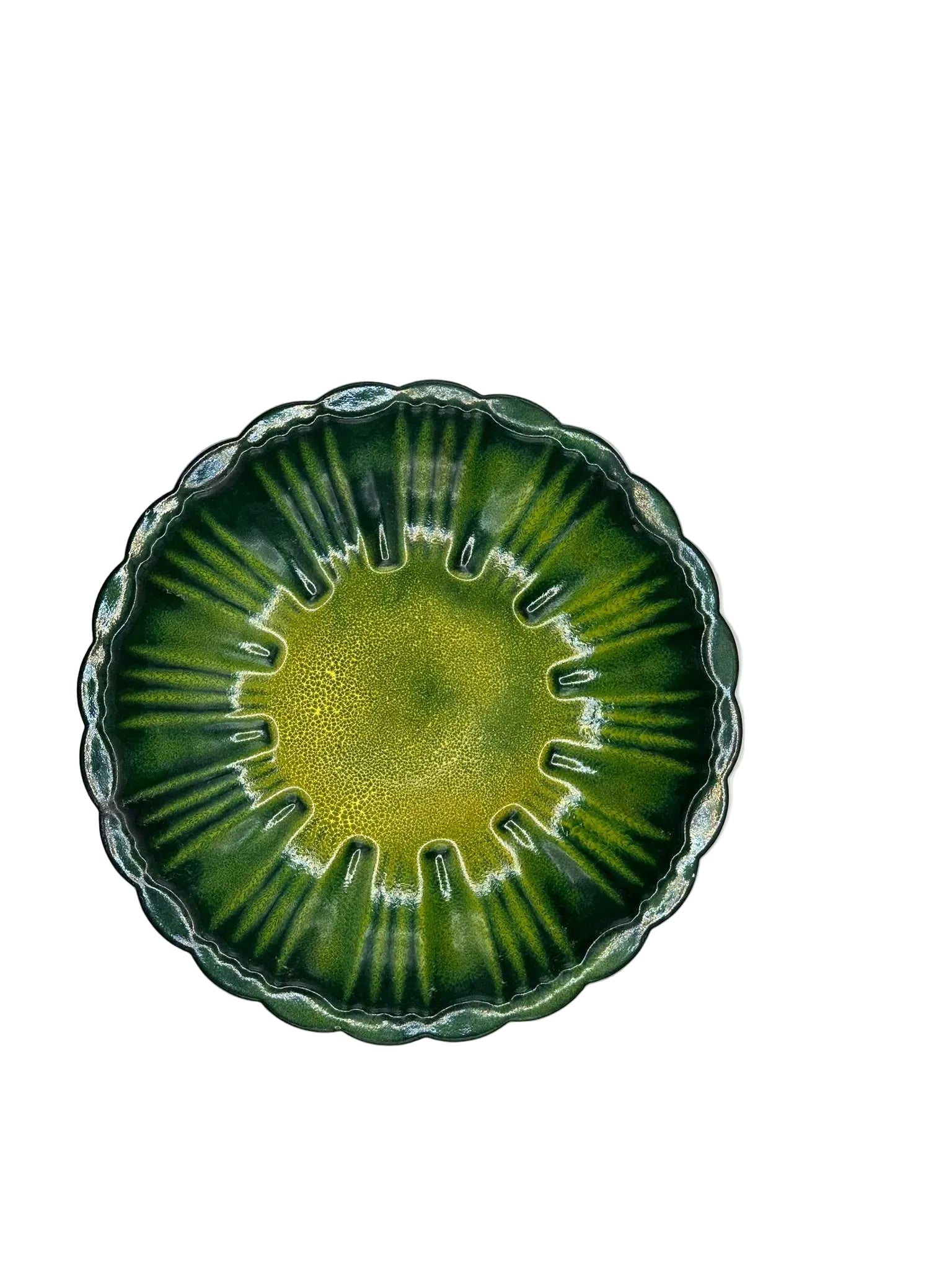 Vintage MCM green striped enamel dish, overhead view of radiating green stripes