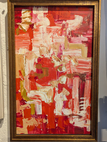 MCM abstract acrylic painting in vibrant reds and whites, gold wood frame, hung on wall