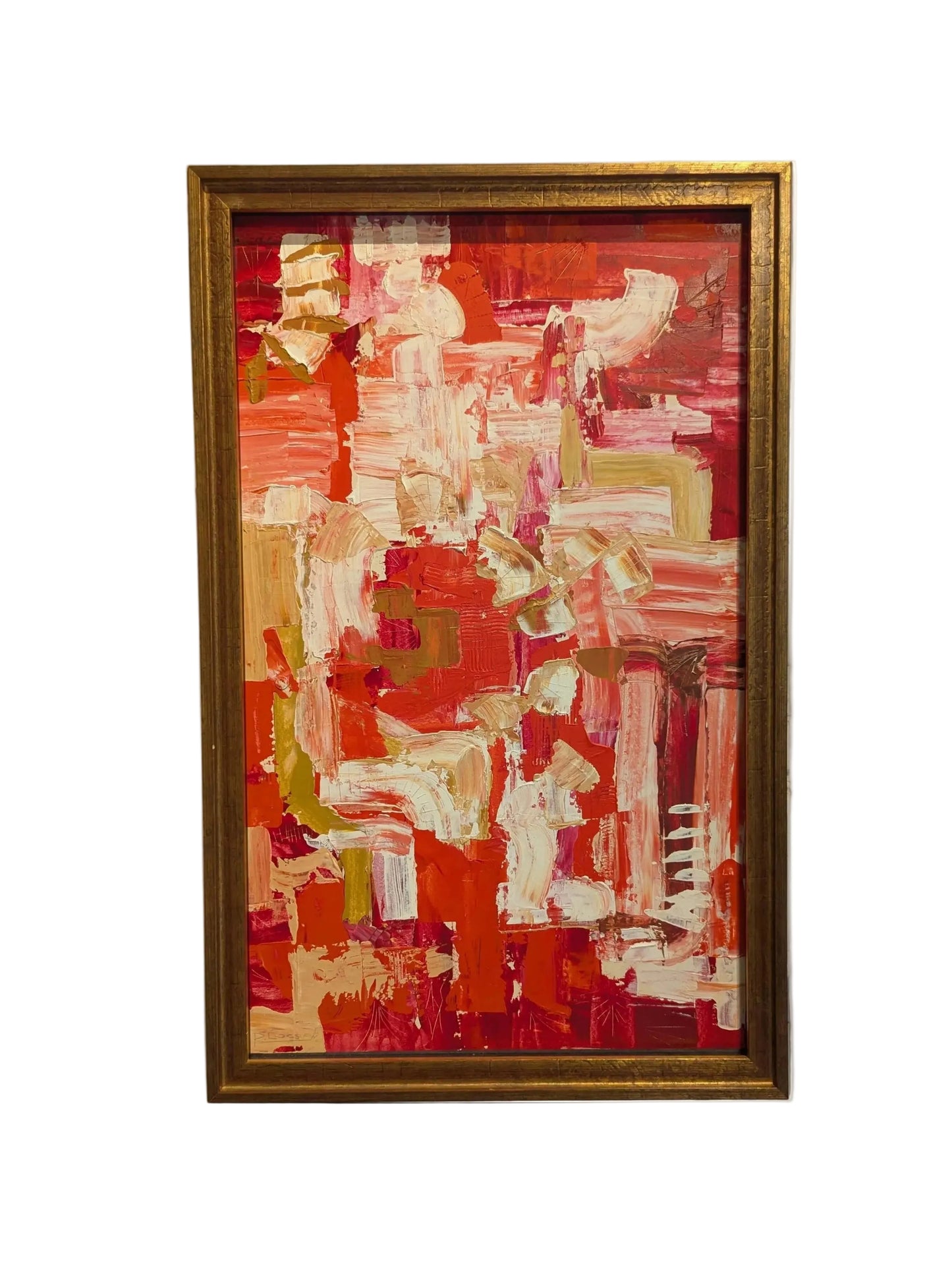 Vintage MCM abstract acrylic painting in red, pink and white, framed in gold-painted wood