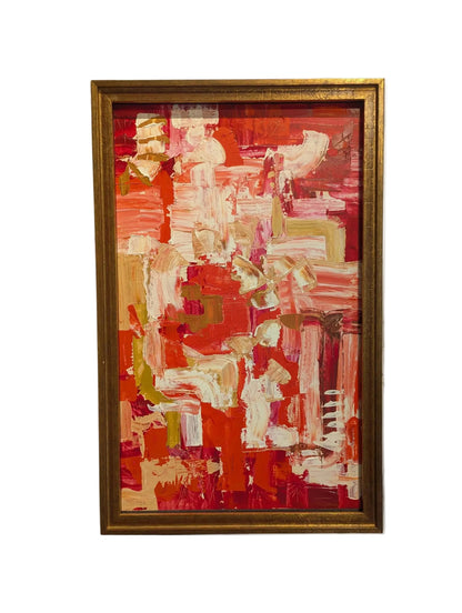 Vintage MCM abstract acrylic painting in red, pink and white, framed in gold-painted wood