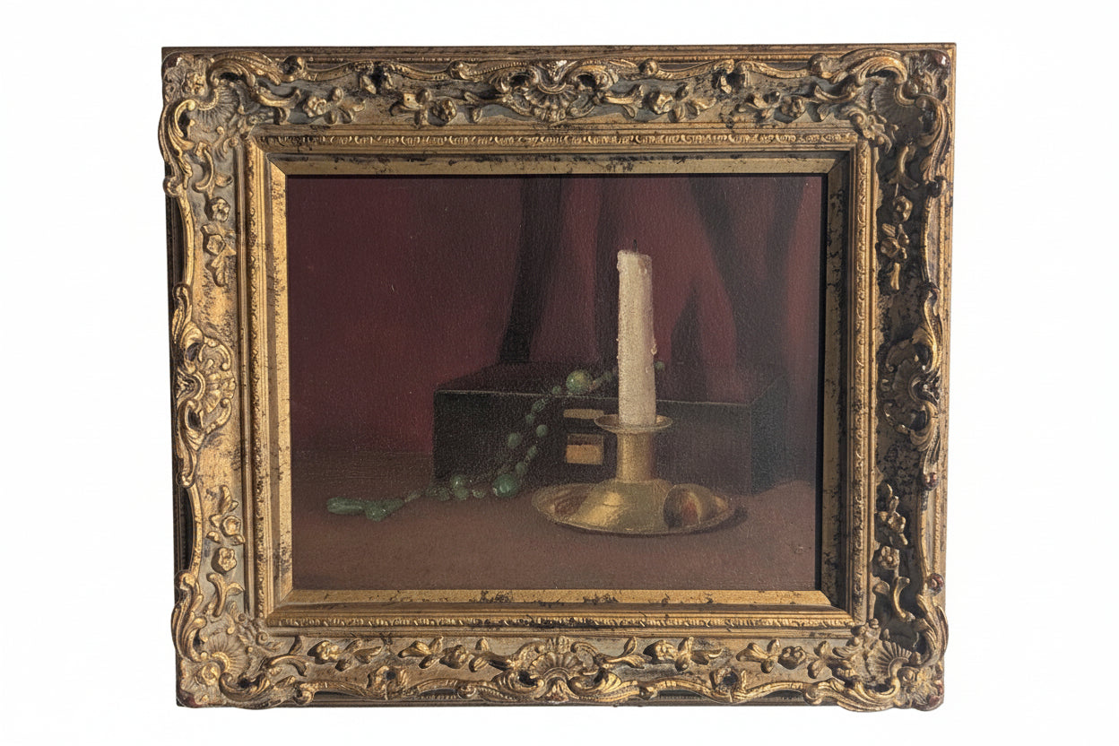 Antique oil-on-board still life of a brass candlestick, dark box and green beaded rosary in a gilt frame