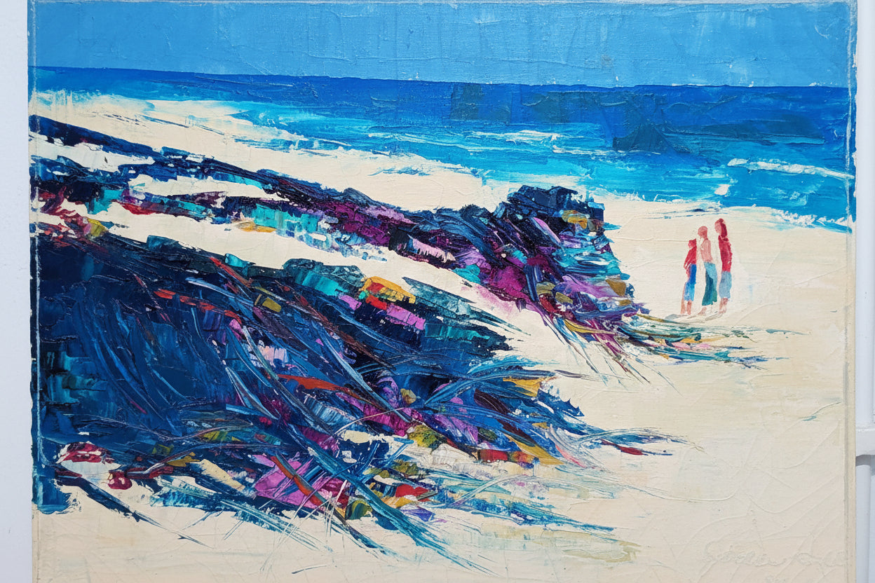 Vintage MCM oil on canvas, palette-knife coastal beach with two figures by blue surf, front view
