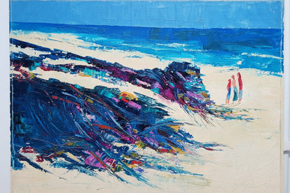Vintage MCM oil on canvas, palette-knife coastal beach with two figures by blue surf, front view