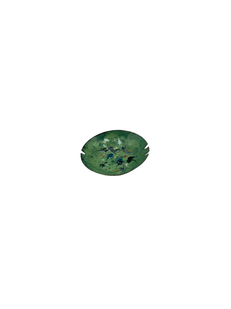 Vintage MCM enamel-over-copper ashtray, oval-angle view of green multicolor enamel