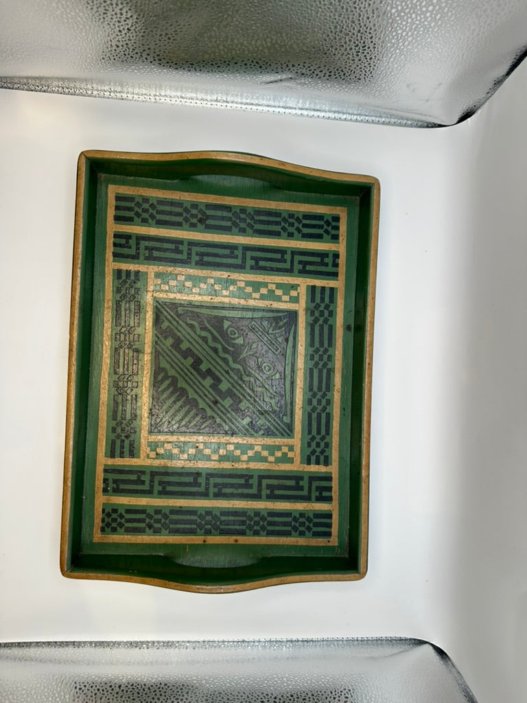 Vintage green wood serving tray with decoupage Egyptian-style geometric design, top view