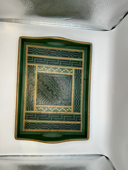 Vintage green wood serving tray with decoupage Egyptian-style geometric design, top view