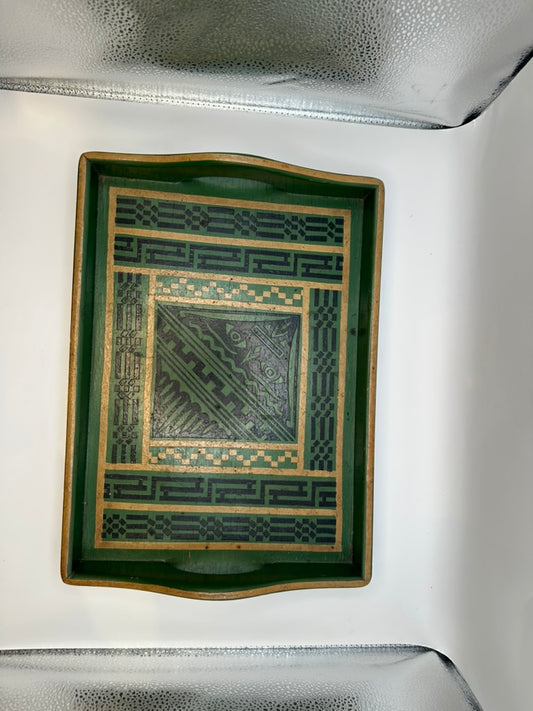 Vintage green wood serving tray with decoupage Egyptian-style geometric design, top view