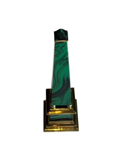 Tall Vintage Faux Malachite and Brass Obelisk