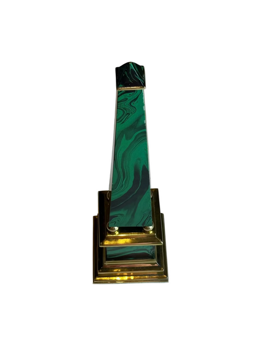 Tall Vintage Faux Malachite and Brass Obelisk