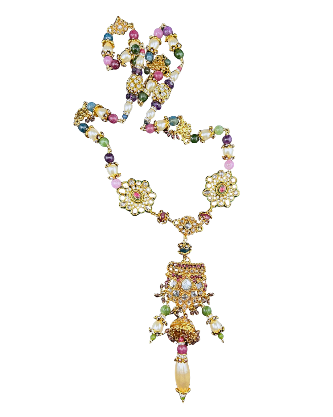 Mughal Indian beaded necklace coiled to show full length, floral medallions and pearl drop pendant