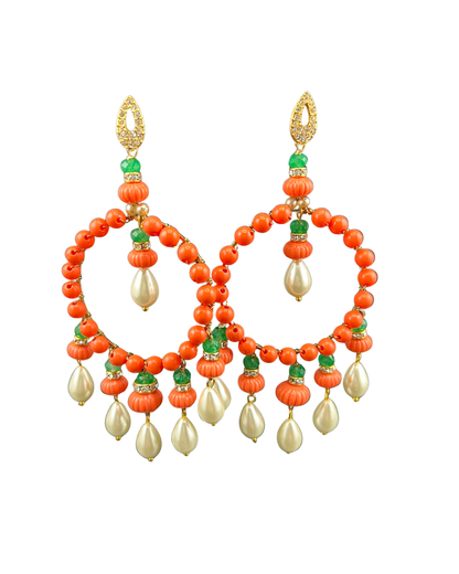 Handwoven coral hoop chandelier earrings with orange beads, green stones and pearl drops, white background