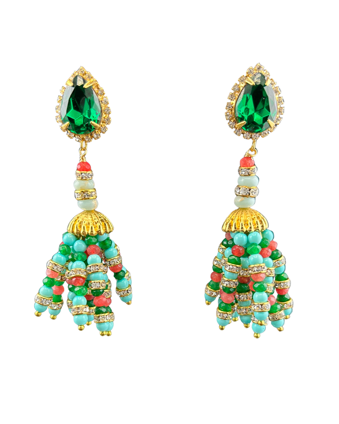 Indian tassel earrings with green pear-cut crystal tops and turquoise, coral and green beaded fringe