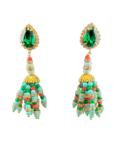 Indian tassel earrings with green pear-cut crystal tops and turquoise, coral and green beaded fringe