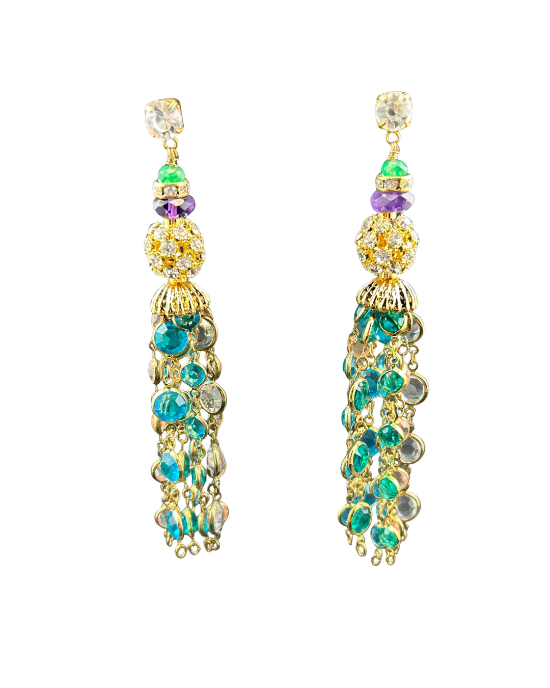Chandelier tassel earrings with crystal ball, amethyst and turquoise gemstone fringe, on white