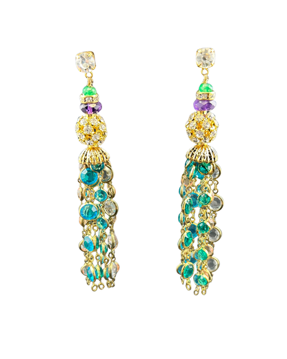 Chandelier tassel earrings with crystal ball, amethyst and turquoise gemstone fringe, on white