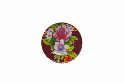 MacKenzie-Childs Flower Market salad plate, deep maroon ground with floral bouquet and gold rim