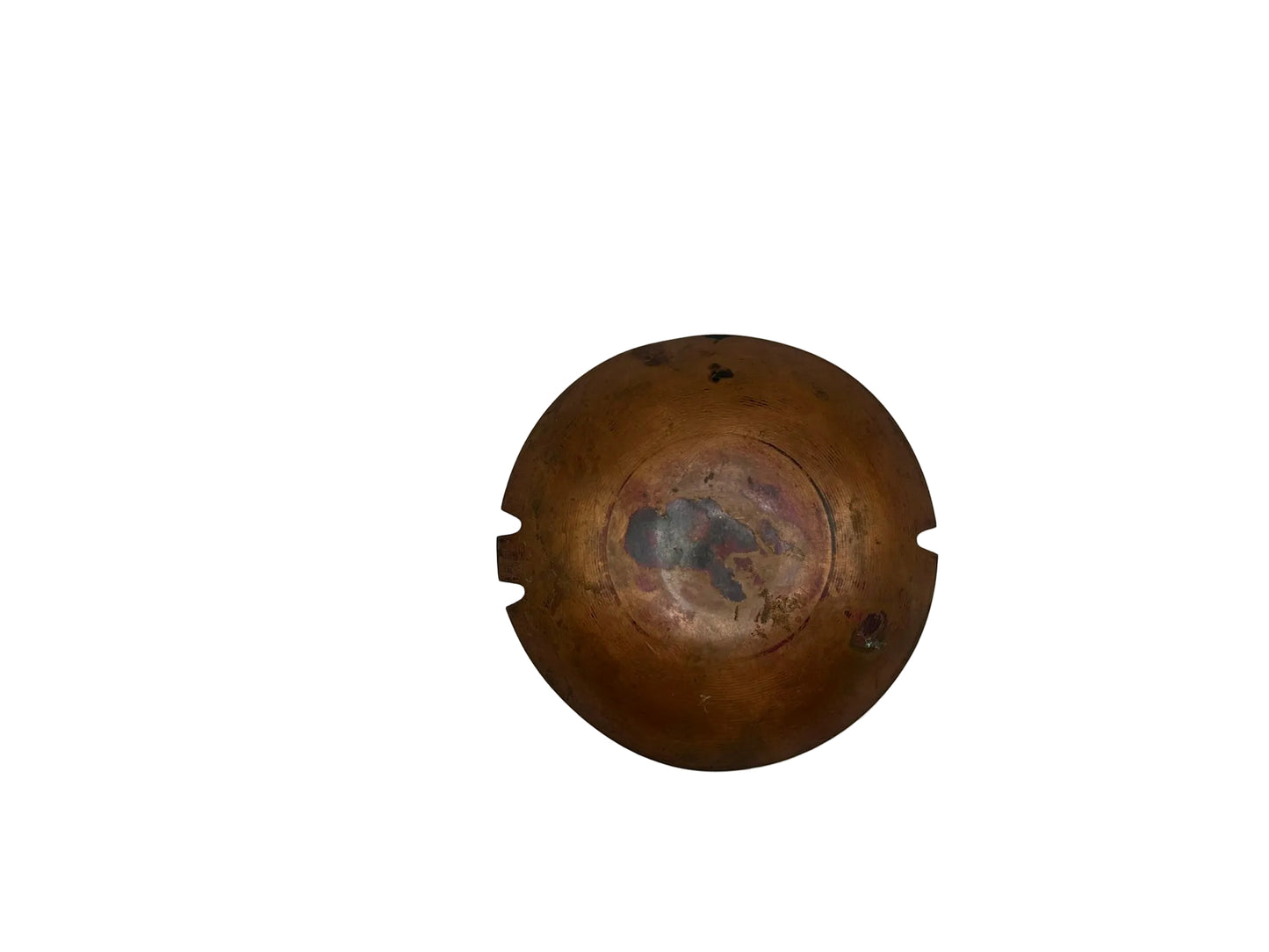 Vintage MCM enamel-over-copper ashtray, copper underside showing patina and notched rim