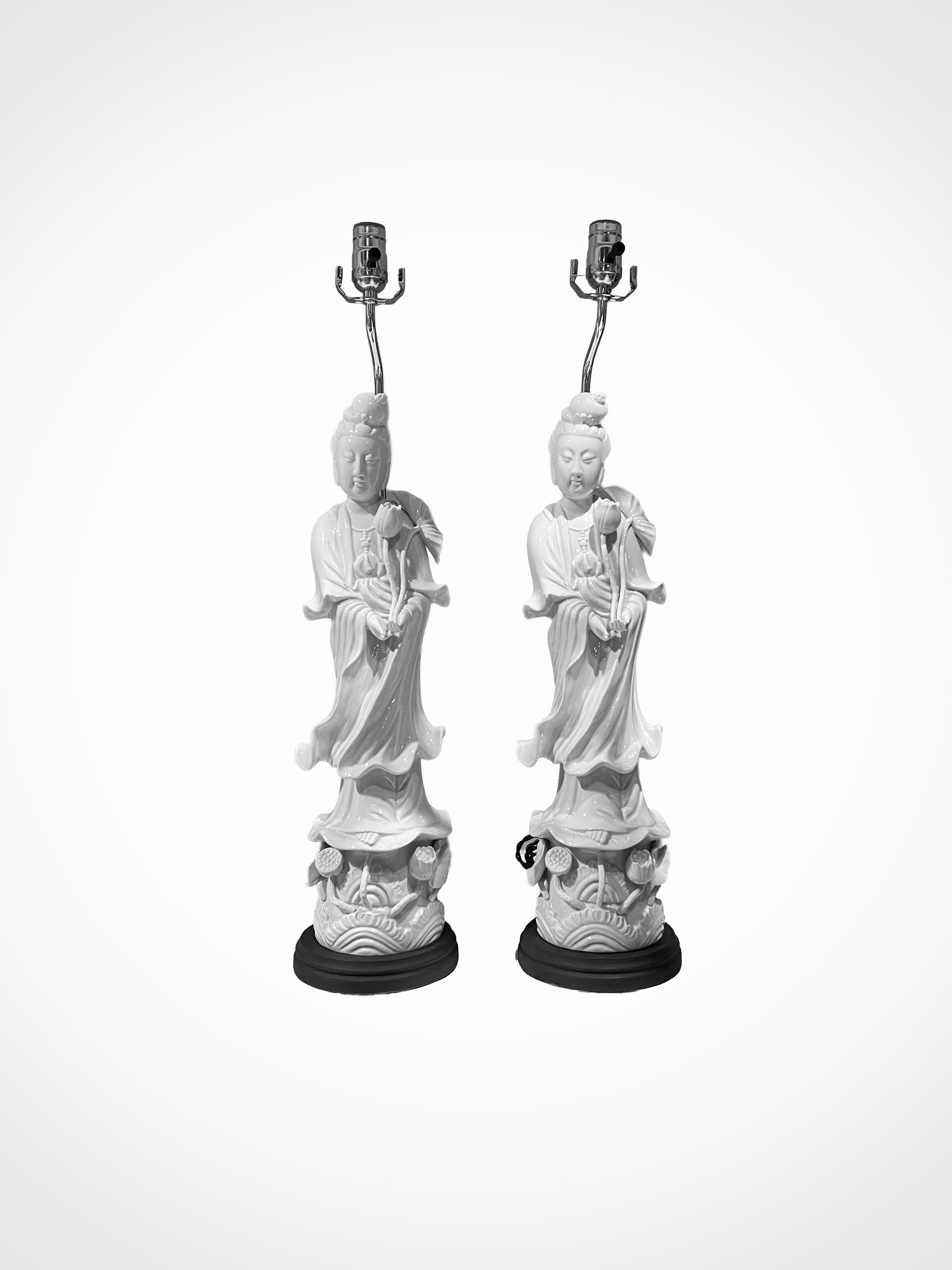Pair of vintage Asian-inspired white Guanyin figure table lamps, front and back views