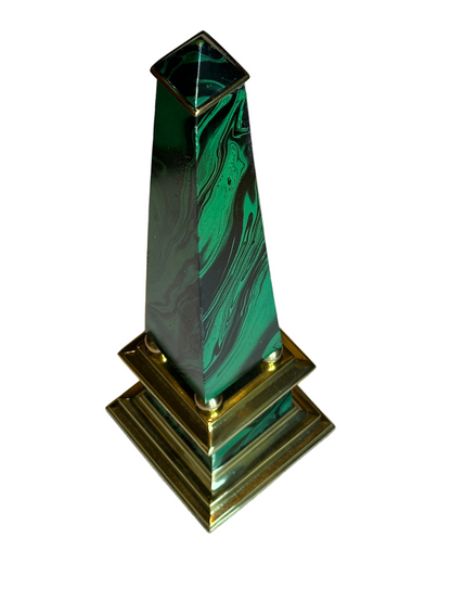 Tall Vintage Faux Malachite and Brass Obelisk