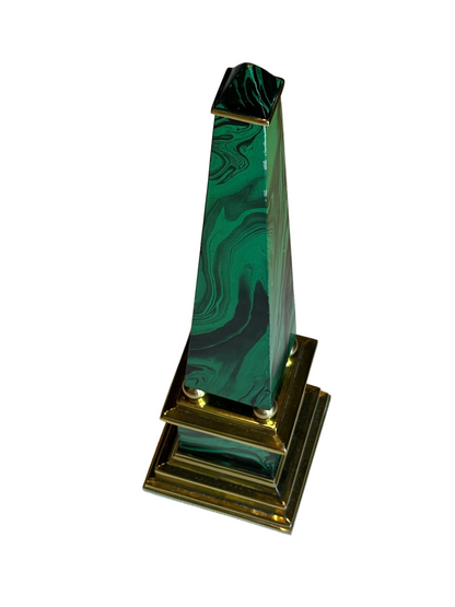 Tall Vintage Faux Malachite and Brass Obelisk