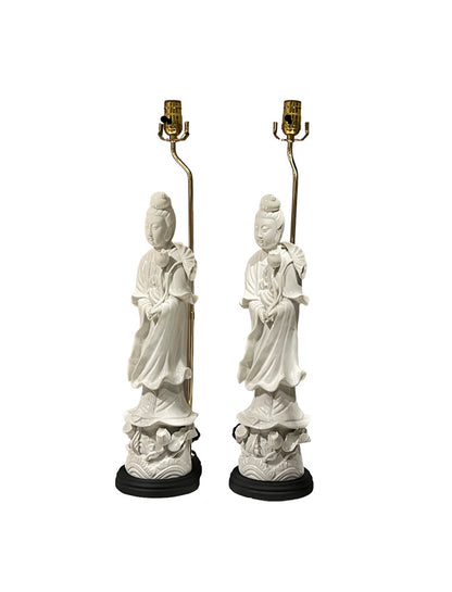 Pair of vintage white porcelain Guanyin figure table lamps with brass stems on black bases