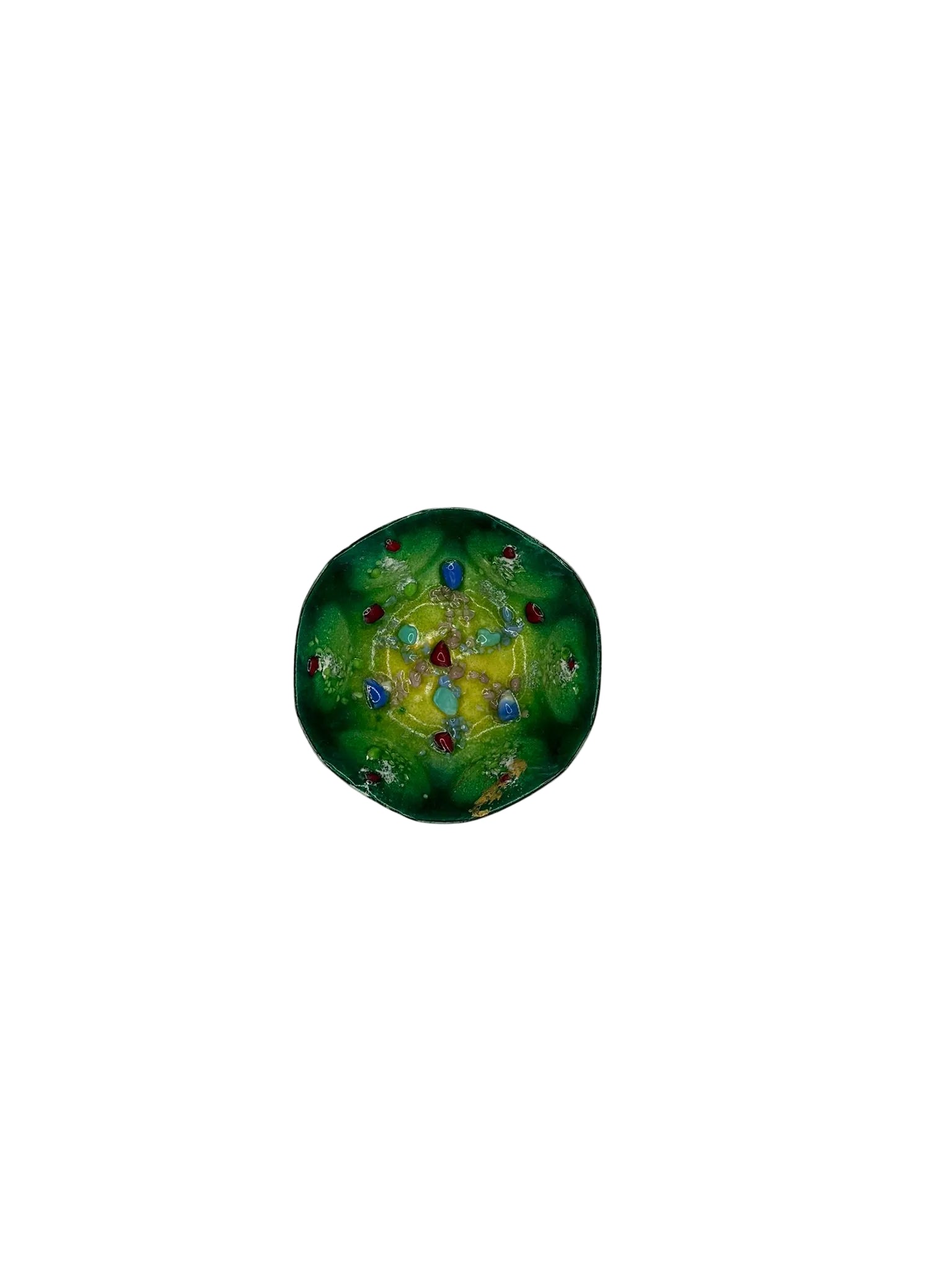 Vintage MCM green enamel dish, top view of fused blue, red and turquoise glass stones