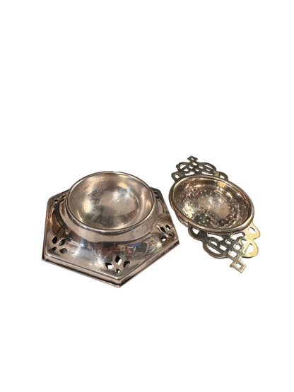 Vintage Silver Plate Tea Strainer w/ Pierced Stand