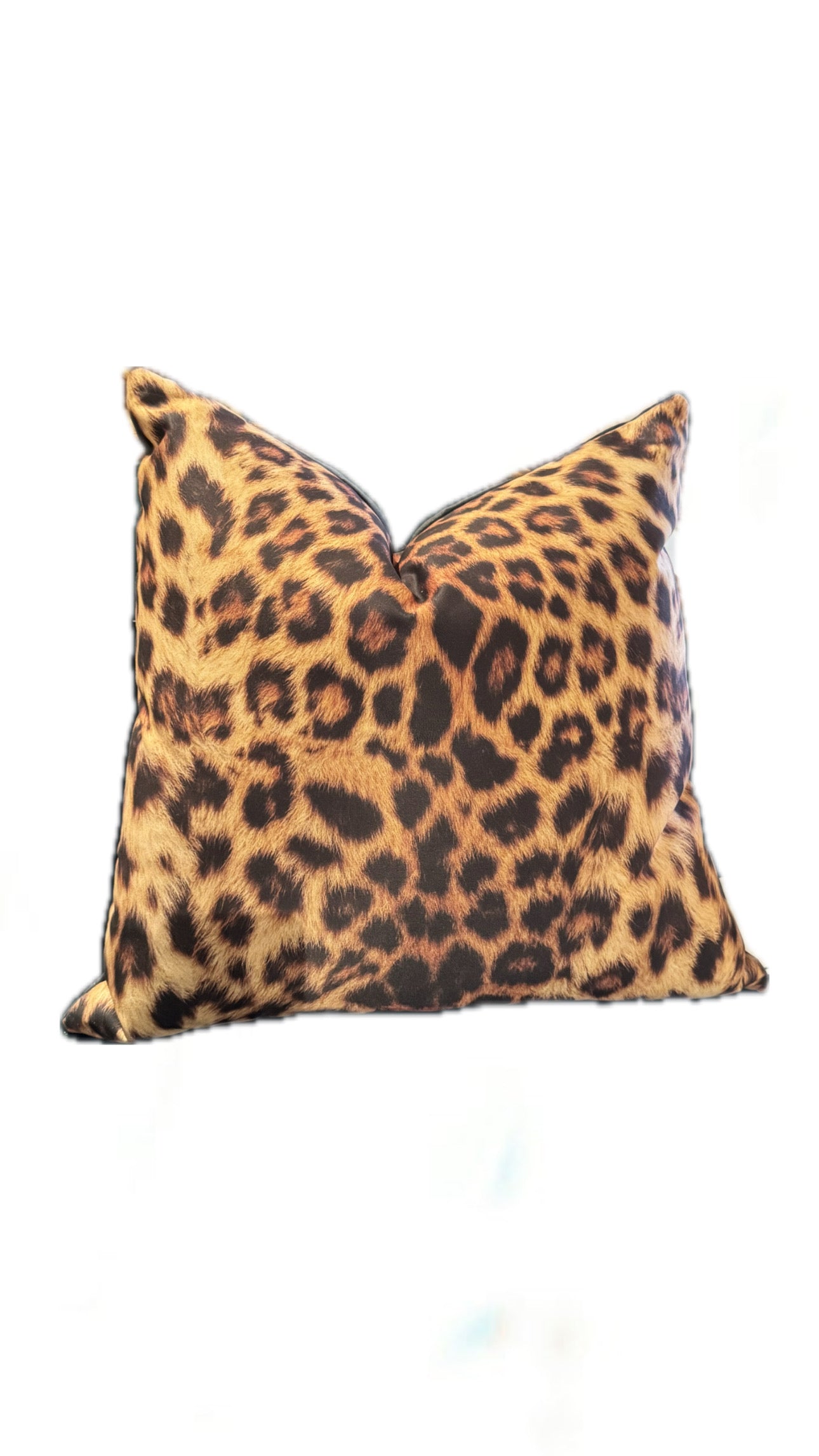 Leopard photo-print throw pillow with black velvet, 22-inch square, front view