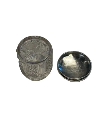 Vintage cut glass and sterling silver vanity jar, body beside the removed domed silver lid.