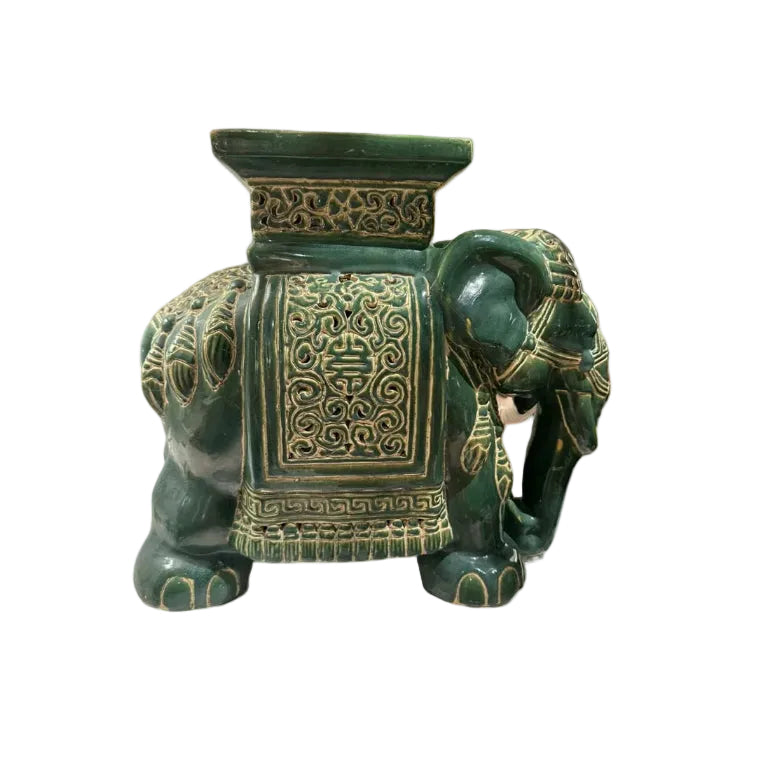 Vintage green ceramic elephant garden stool with embossed Asian motifs, side profile