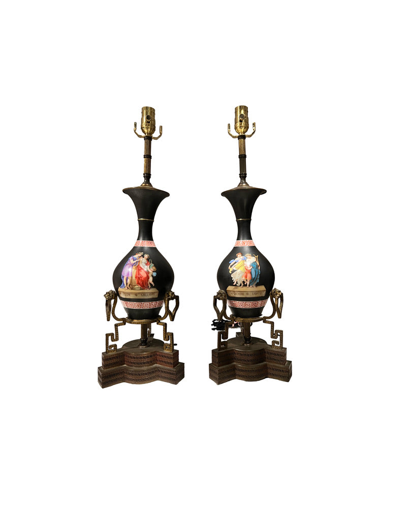 Pair of black neoclassical porcelain table lamps with painted panels and gilt-bronze bases