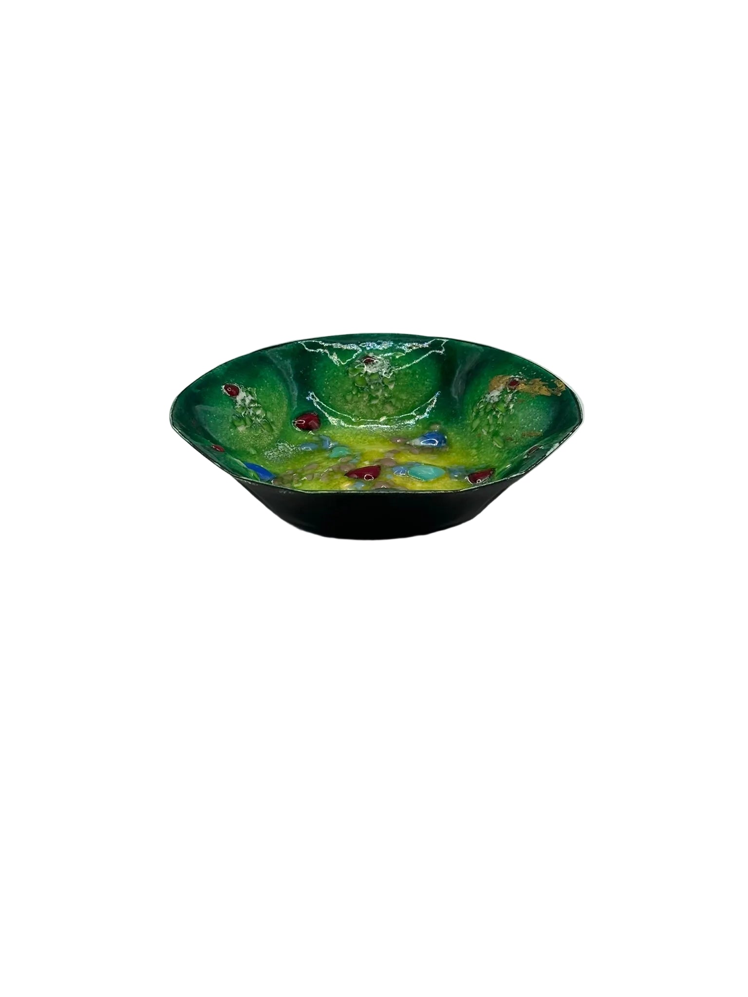 Vintage MCM green enamel dish with fused glass stones, side profile of flared bowl