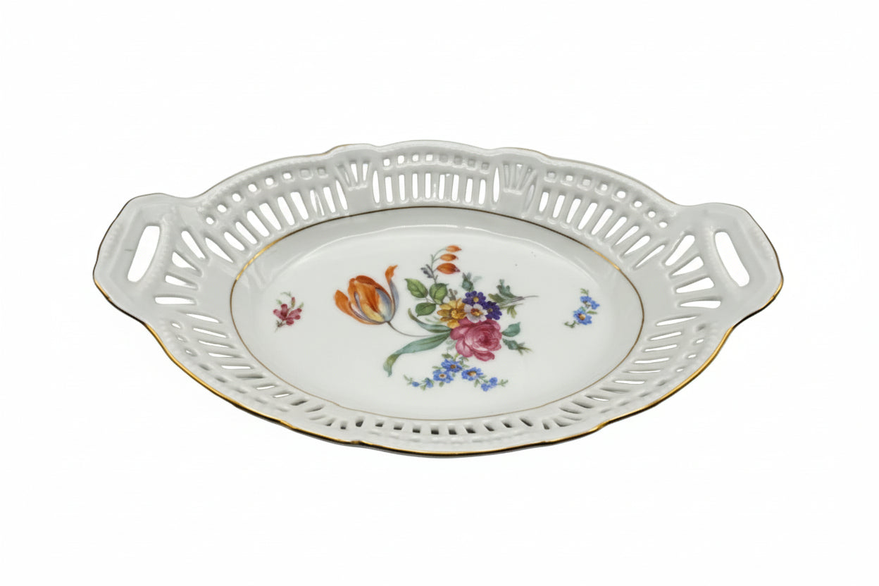 Vintage Schwarzenhammer porcelain bowl, oval reticulated rim with handles and central floral bouquet, gold trim