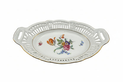 Vintage Schwarzenhammer porcelain bowl, oval reticulated rim with handles and central floral bouquet, gold trim