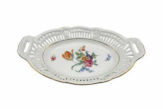 Vintage Schwarzenhammer porcelain bowl, oval reticulated rim with handles and central floral bouquet, gold trim