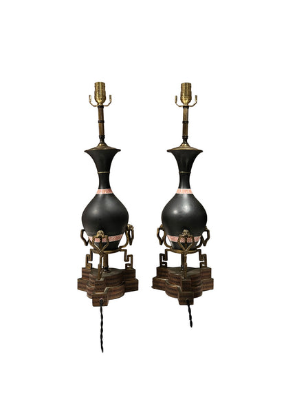 Pair of black neoclassical lamps from the reverse, plain bodies with red Greek-key bands